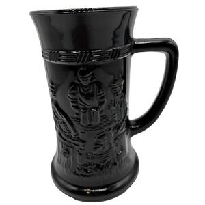 Tiara Indiana Black Glass Mug with Pub Scene 6" Tall Vintage